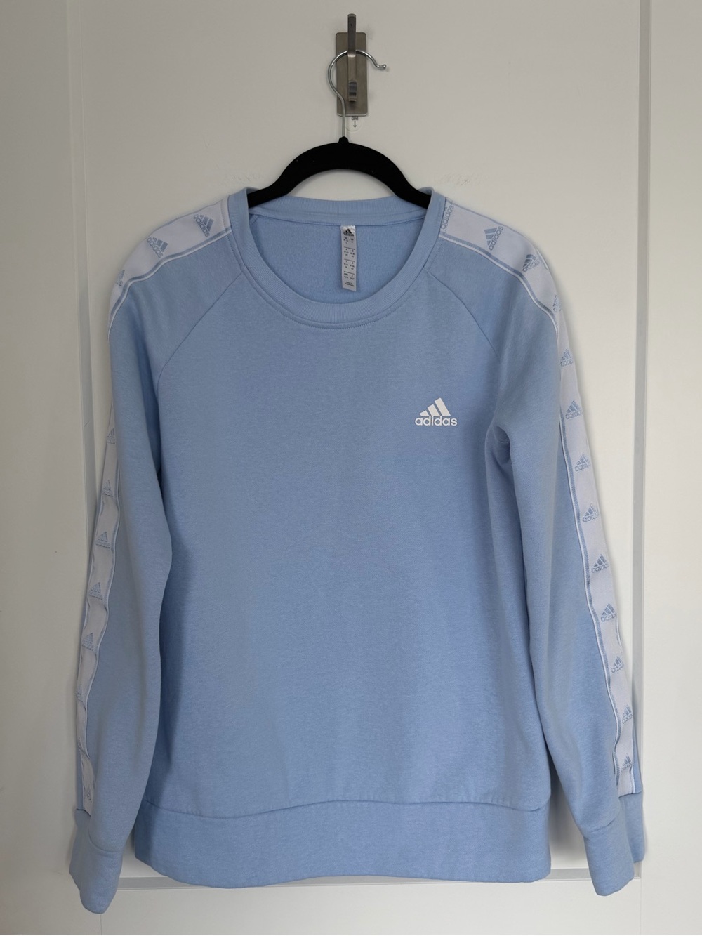 adidas Women's Light Blue Crewneck Sweatshirt with White Logo Tape